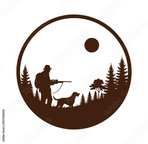 hunter with dog in forest  man holding shotgun in woods with trees and dog