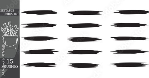 Set of 15 black ink brush strokes and editable paint brushes vector