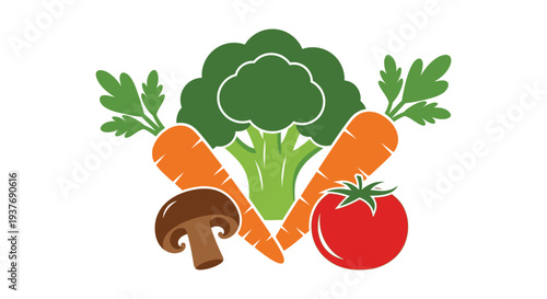 A vibrant arrangement of fresh vegetables including broccoli carrots mushrooms and tomatoes silhouette high quality professional detailed modern