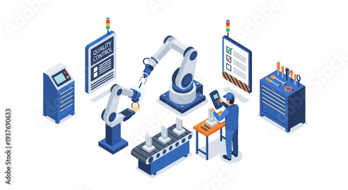 Industrial automation with robotic arms and human worker in manufacturing process.