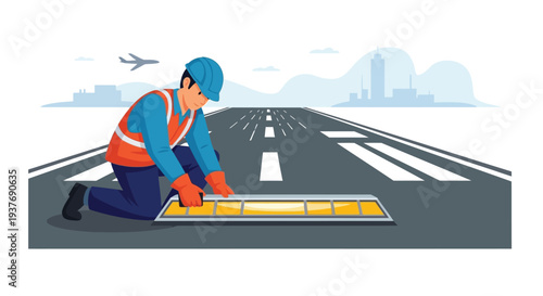 Worker Repairing Airport Runway Vector
