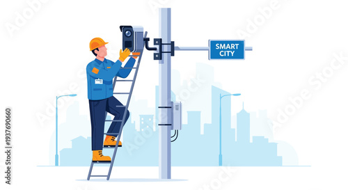 Technician Installing Smart City Camera