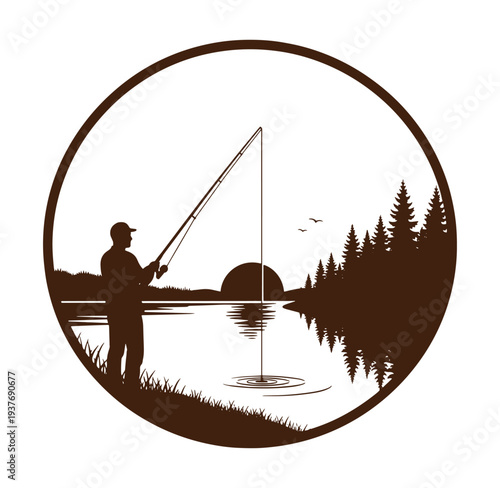 man fishing by lake with trees and sunset in background  peaceful scene