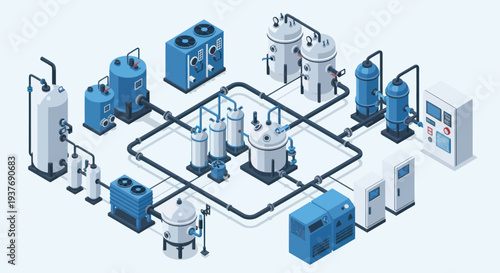 Industrial Chemical Plant Equipment and Machinery Isometric Illustration.