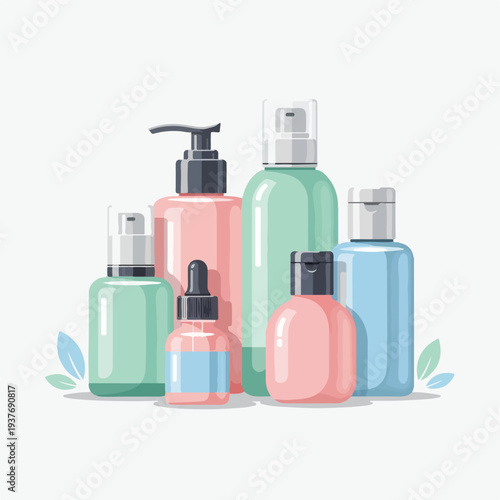 Collection of cosmetic bottles and containers for skincare products