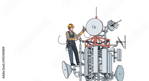 Telecom engineer repairing communication tower antenna