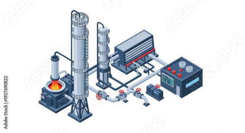 Industrial Chemical Processing Plant Equipment Isometric Illustration.