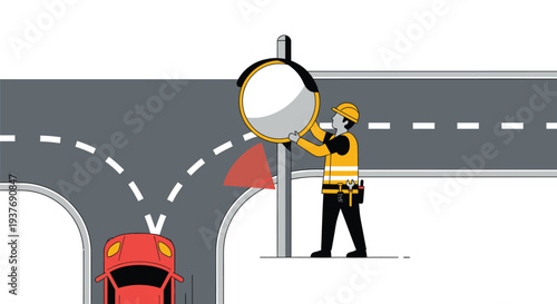 Road worker installing traffic convex mirror vector