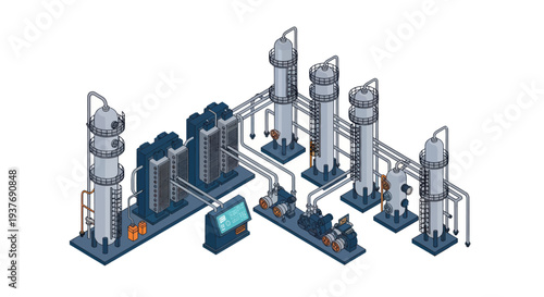 Industrial chemical processing plant with distillation columns and equipment.
