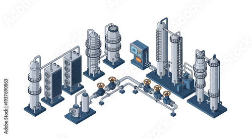 Industrial Chemical Processing Plant Equipment Isometric Illustration.