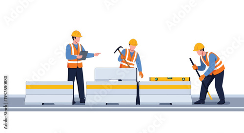 Construction workers leveling concrete pavement vector
