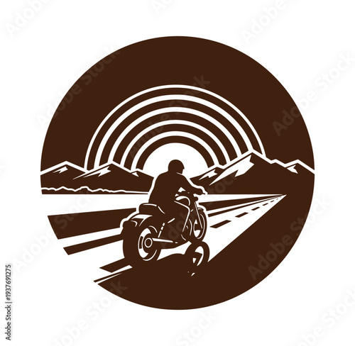 motorcycle rider on road with mountains and sunset in background in circle frame
