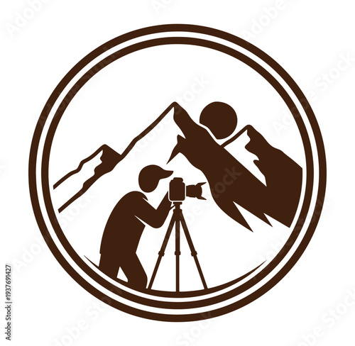 photographer taking picture of mountain landscape with camera on tripod in circle frame