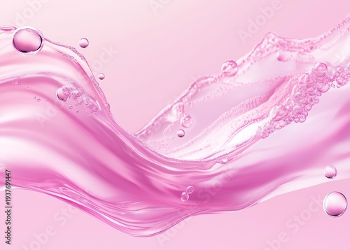 Abstract pink liquid with lowing texture and bubbleson a soft pastel backgroun. Elegant and modern fluidcomposition. Copy space. gossy liquid fluid. Banner