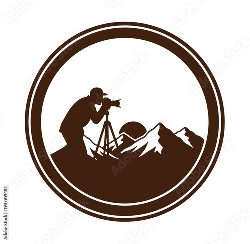 photographer taking picture of mountain landscape with camera on tripod in circle frame