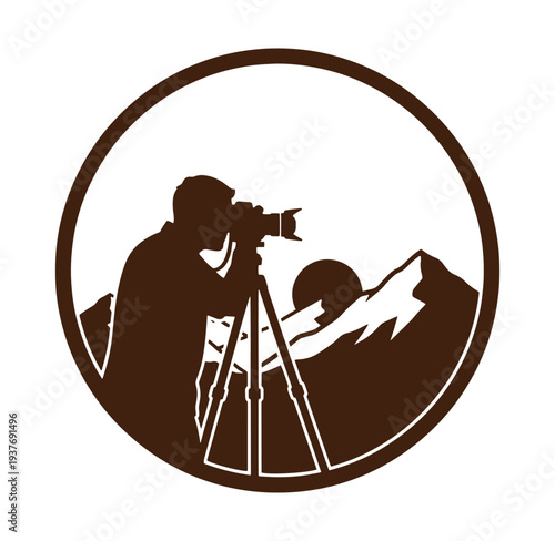 Photographer taking picture of mountains and sunset with camera on tripod in circle frame