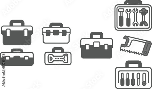 Toolbox icon set with various tools and equipment illustrations