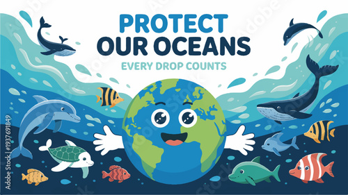 Smiling earth with open arms surrounded by ocean creatures and waves promoting marine conservation and sustainability