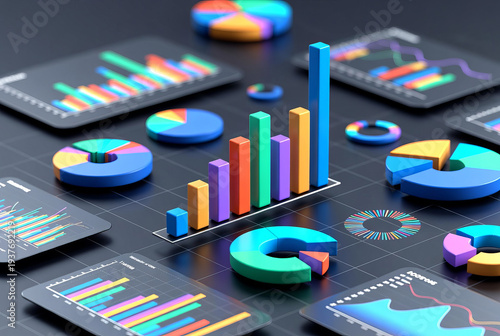 3D charts and graphs of business indicators.