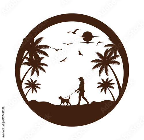 Silhouette of a woman walking her dog on a tropical beach at sunset with palm trees and birds flying overhead in a circular frame