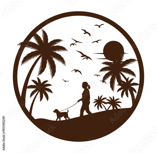 Silhouette of a woman walking her dog on a tropical beach with palm trees and flying birds at sunset
