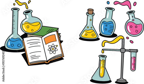 A colorful illustration of laboratory equipment and a chemistry book