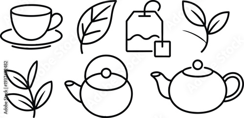 Tea vector illustration set with cup, teapot, and leaves on white background