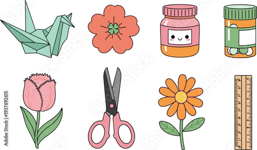 Colorful flat vector illustration set featuring origami crane flower blossoms cute honey jar medical pills scissors and wooden ruler for crafts