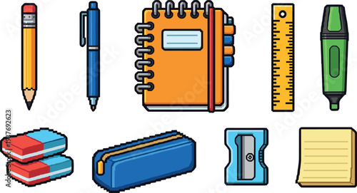 Colorful flat vector stationery icon set featuring yellow pencil blue pen spiral notebook ruler green highlighter sharpener and pencil case for school