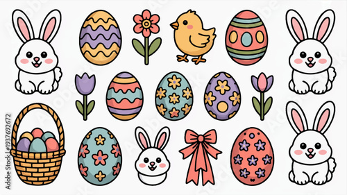 Colorful easter eggs and bunnies with basket and flowers on white background for holiday decoration