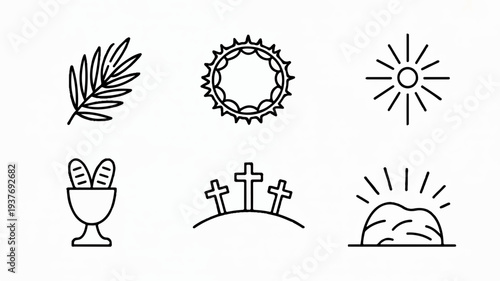 Easter symbols including palm leaf crown of thorns sun communion bread and wine crosses on hill and empty tomb with rays representing resurrection and faith
