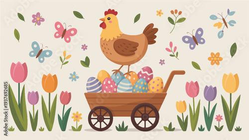 Colorful easter chicken standing in a wheelbarrow filled with decorated eggs surrounded by flowers and butterflies