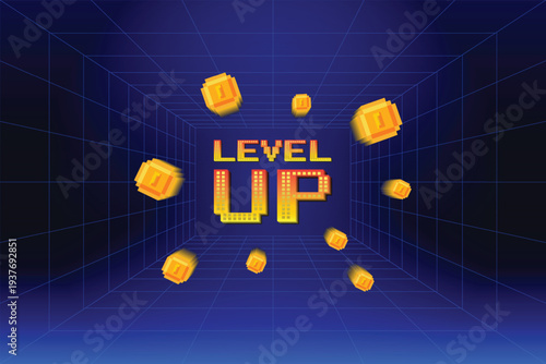 LEVEL UP icon pixel art. 8 bit game. retro game. Retro Futurism Sci-Fi Background. glowing neon grid. and stars from vintage arcade computer games