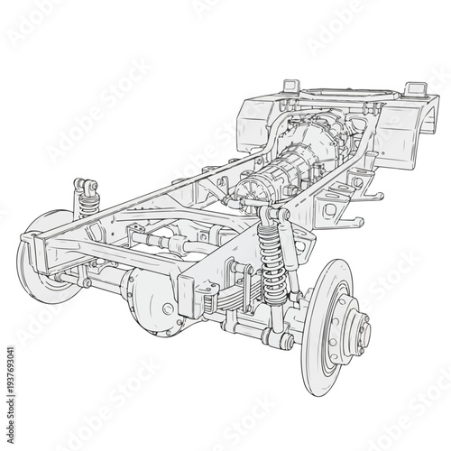 Detailed diagram of a vehicle chassis with exposed mechanical components and suspension system