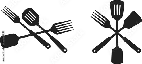 Kitchen utensil icons set with crossed spatulas and forks silhouette