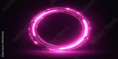 Glowing neon light circles with purple and pink waves shining on a dark background