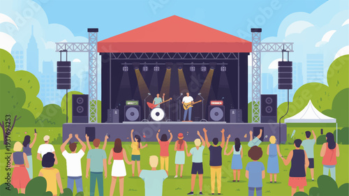 Outdoor music festival with live band on stage and crowd dancing in a park on a sunny day with green trees and blue sky
