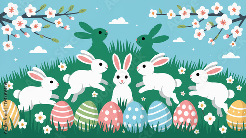 Four white easter bunnies playfully jumping in green grass with colorful eggs and flowers under blooming cherry blossoms on a sunny spring day with blue sky and fluffy clouds