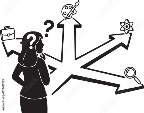Employee tired of work routine and search for new career variations. Puzzled woman at crossroad want to change profession. Opportunity, doubt or tough decision concept, think on difference career path
