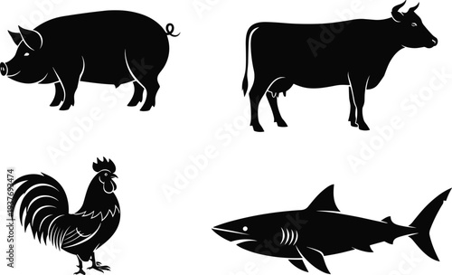 Black silhouette food icons showing pork, beef, lamb, chicken, fish, vegetables, vector illustration for protein sources, culinary, dietary, nutrition concepts