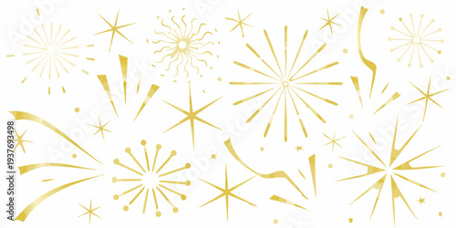 Golden firework bursts and star shapes against a pale background
