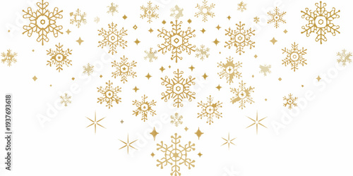 Golden snowflakes scattered across a clean white background