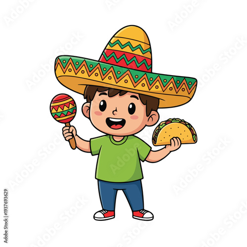 Cartoon illustration of a cheerful young boy wearing a colorful sombrero and holding a taco and maraca against a clean white background with vibrant tones.