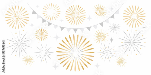 Golden fireworks and festive bunting against a white background