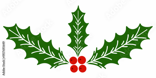A simple illustration of a green holly sprig with three red berries