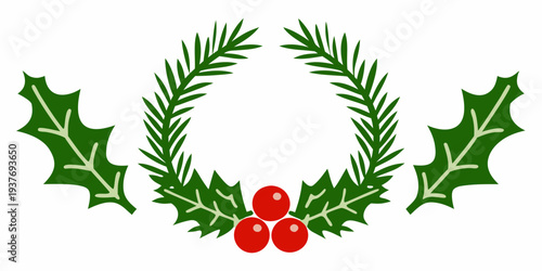 A festive holly wreath with vibrant green leaves and red berries