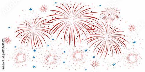 A vibrant display of red and blue fireworks against a white background