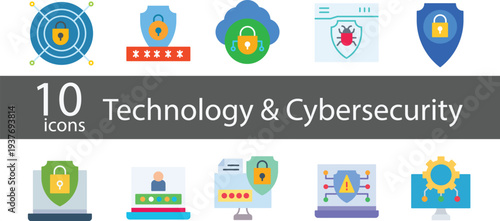 Technology and Cybersecurity flat Icon Set – Data Protection, Network Security, Cloud, AI and Digital System Line Vector Icons