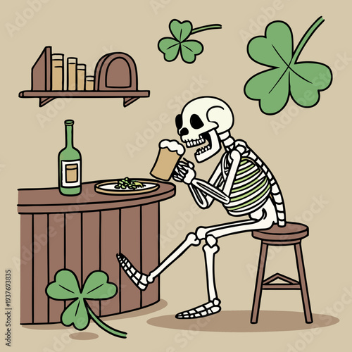 Irish Pub Skeleton Drinking Beer Cartoon