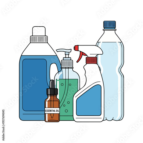 Cleaning supplies and essential oil on a table